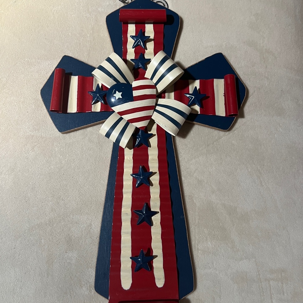 Patriotic Wooden Cross with Stars and Stripes